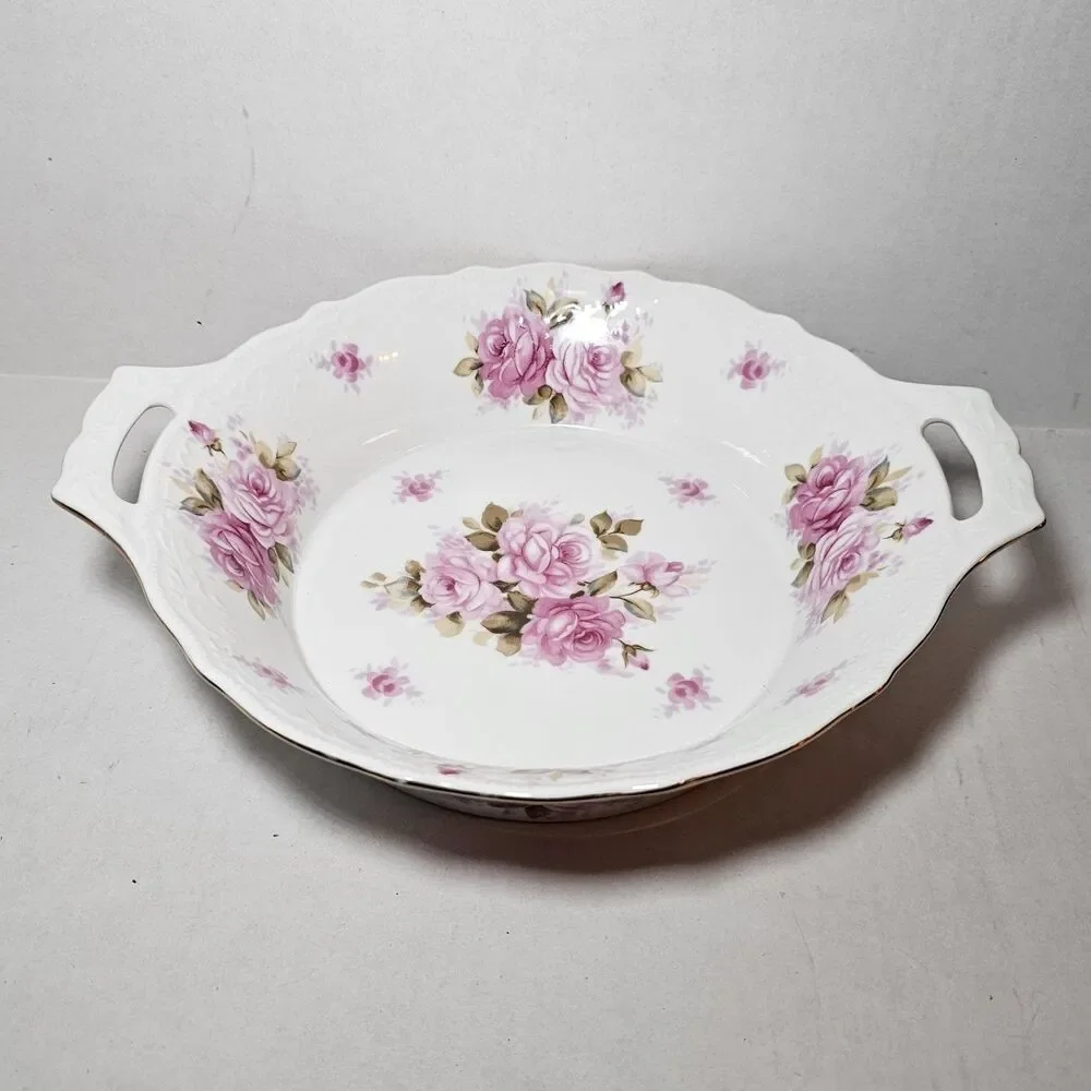 VTG Andrea by Sadek Round Serving Bowl Pattern 8118 Pink Roses Gold Trim Handles